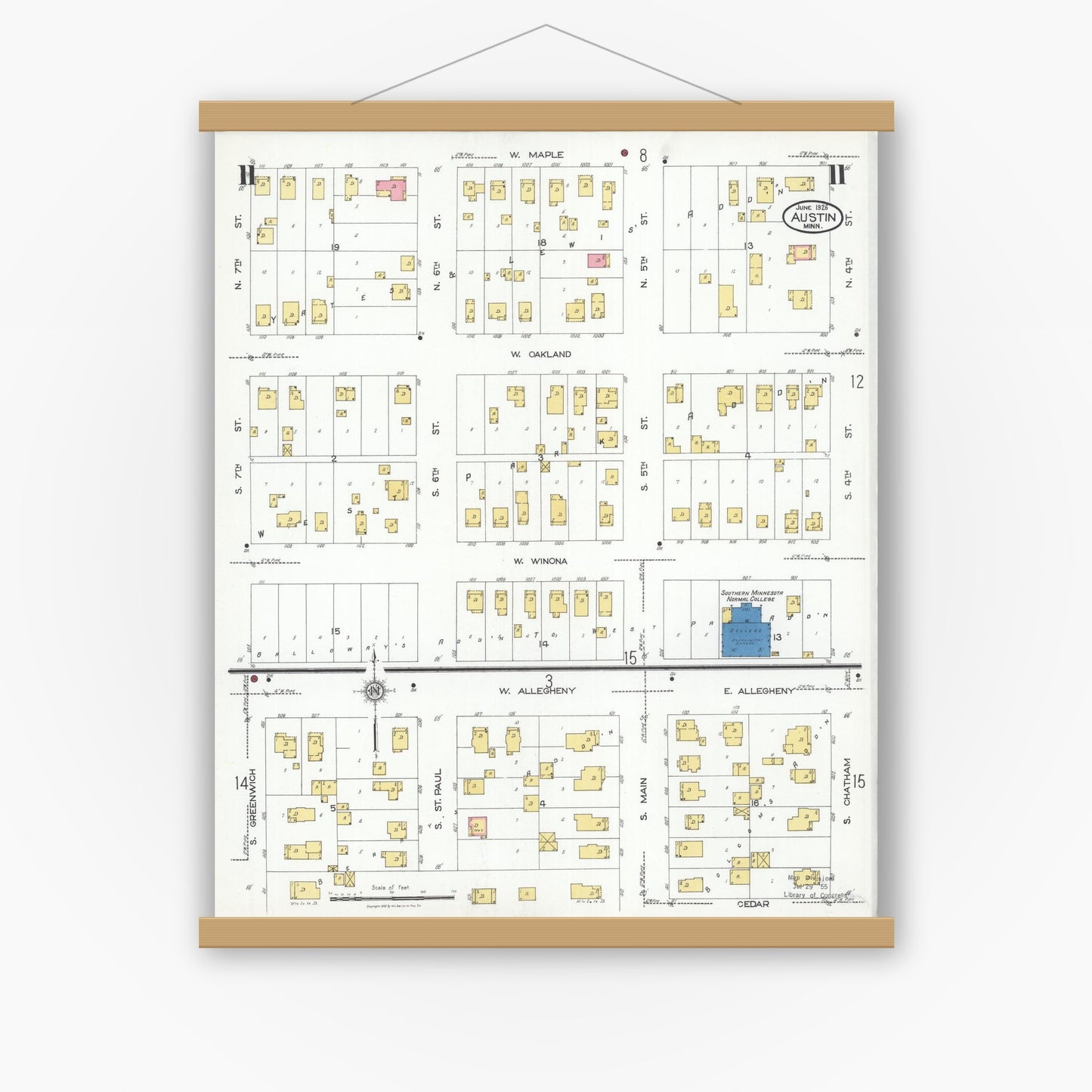Old map wall art mockup — magnetic wood frame on white wall — Sanborn Fire Insurance Map from Austin, Mower County, Minnesota (1926), Sheet #0011