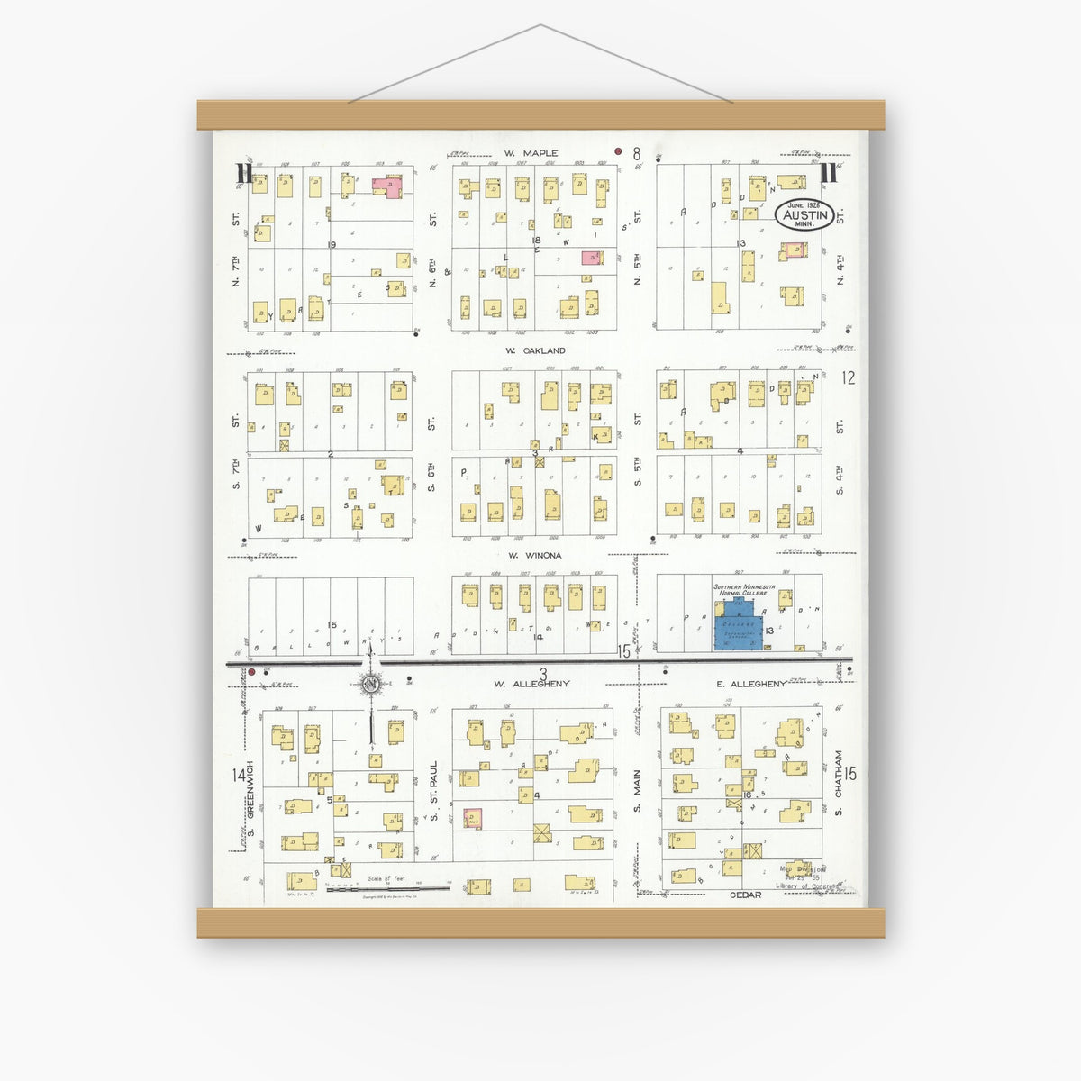 Old map wall art mockup — magnetic wood frame on white wall — Sanborn Fire Insurance Map from Austin, Mower County, Minnesota (1926), Sheet #0011