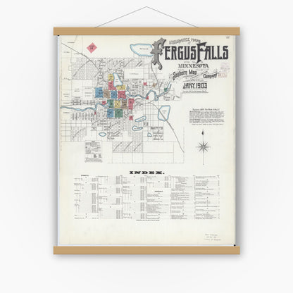 Old map wall art mockup — magnetic wood frame on white wall — Sanborn Fire Insurance Map from Fergus Falls, Otter Tail County, Minnesota (1903), Sheet #0001