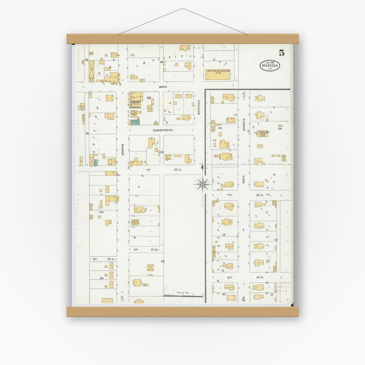 Old map wall art mockup — magnetic wood frame on white wall — Sanborn Fire Insurance Map from Marissa, Saint Clair County, Illinois (1906), Sheet #0005