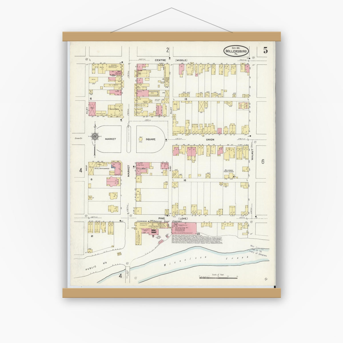 Old map wall art mockup — magnetic wood frame on white wall — Sanborn Fire Insurance Map from Millersburg, Dauphin County, Pennsylvania (1911), Sheet #0005