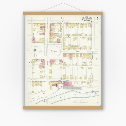 Old map wall art mockup — magnetic wood frame on white wall — Sanborn Fire Insurance Map from Millersburg, Dauphin County, Pennsylvania (1911), Sheet #0005