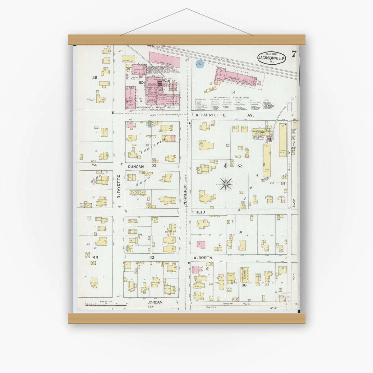 Old map wall art mockup — magnetic wood frame on white wall — Sanborn Fire Insurance Map from Jacksonville, Morgan County, Illinois (1892), Sheet #0007