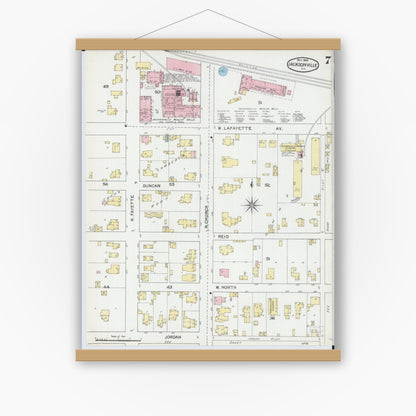 Old map wall art mockup — magnetic wood frame on white wall — Sanborn Fire Insurance Map from Jacksonville, Morgan County, Illinois (1892), Sheet #0007