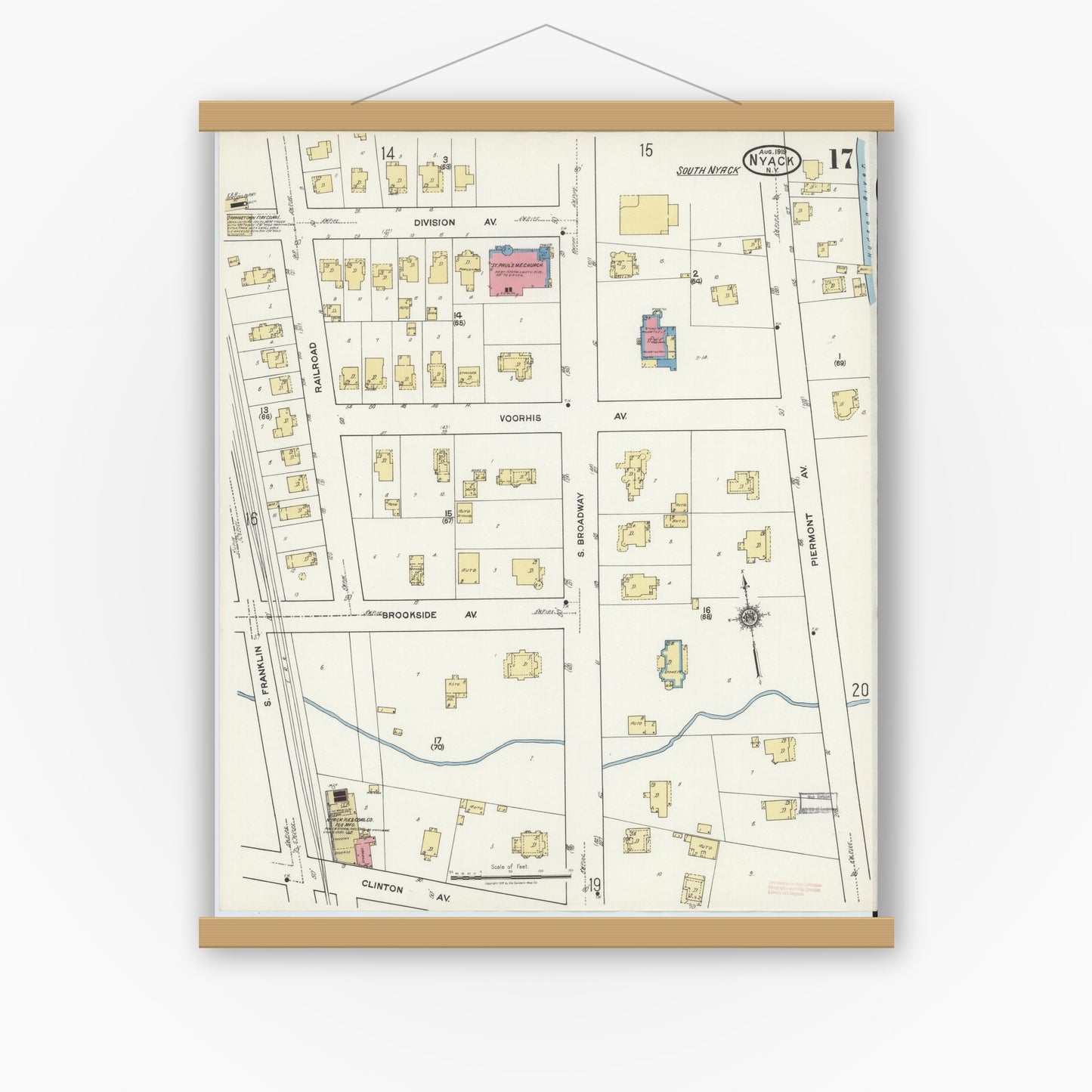 Old map wall art mockup — magnetic wood frame on white wall — Sanborn Fire Insurance Map from Nyack, Rockland County, New York. (1919), Sheet #0017
