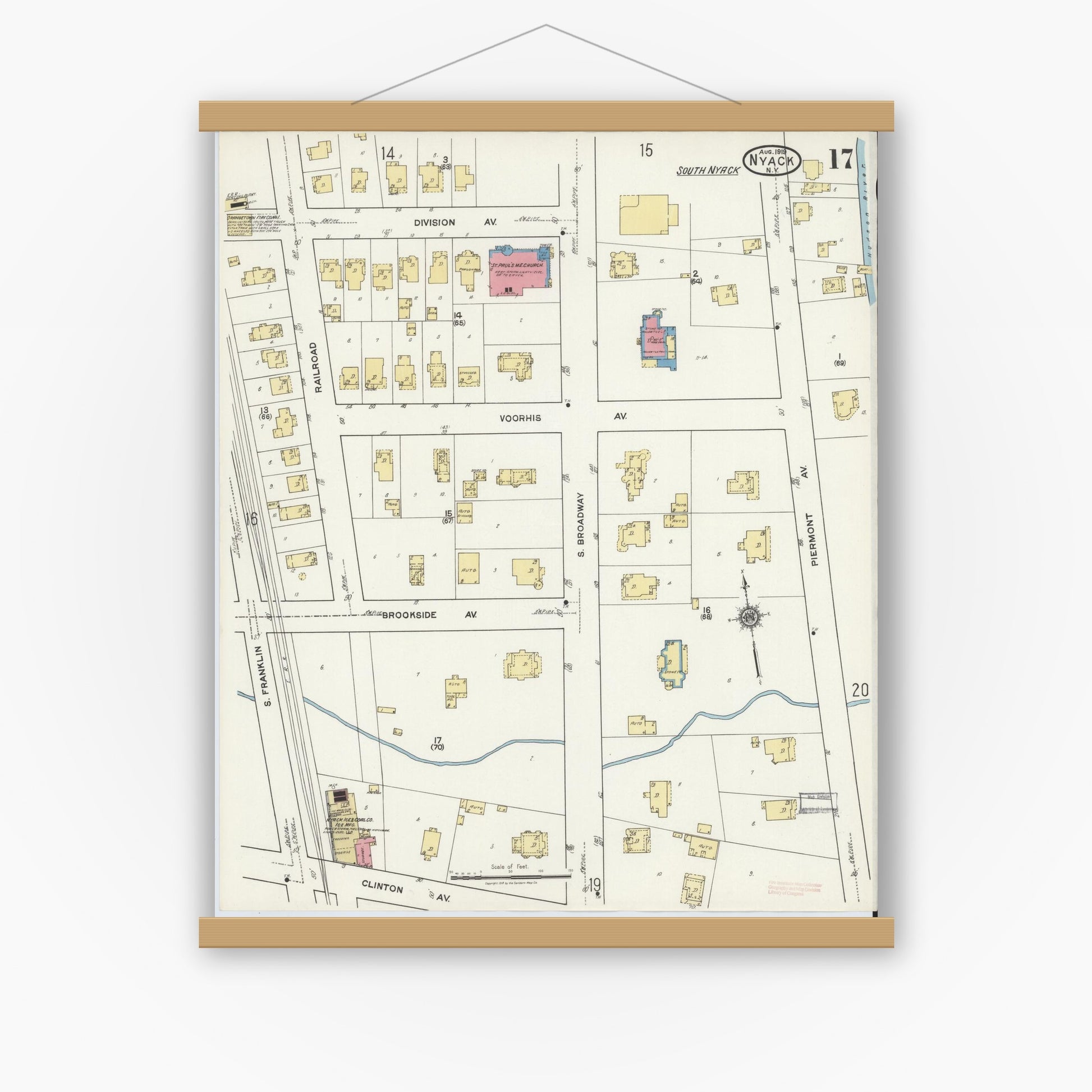 Old map wall art mockup — magnetic wood frame on white wall — Sanborn Fire Insurance Map from Nyack, Rockland County, New York. (1919), Sheet #0017