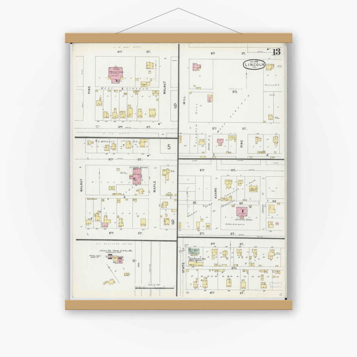 Old map wall art mockup — magnetic wood frame on white wall — Sanborn Fire Insurance Map from Lincoln, Logan County, Illinois (1896), Sheet #0013