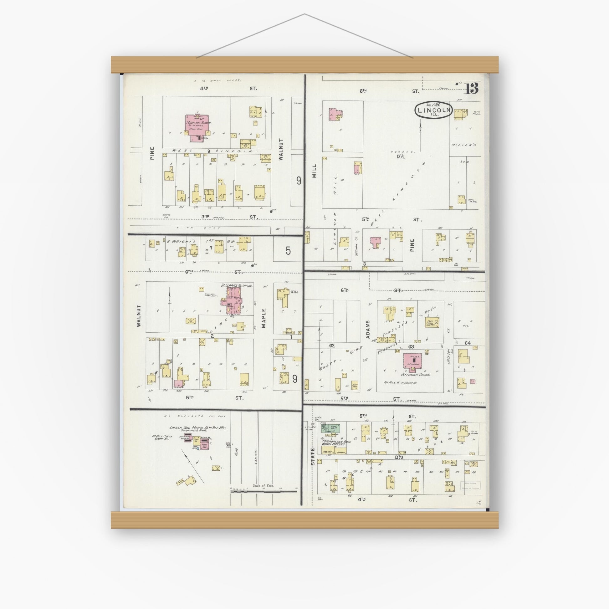 Old map wall art mockup — magnetic wood frame on white wall — Sanborn Fire Insurance Map from Lincoln, Logan County, Illinois (1896), Sheet #0013