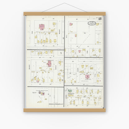 Old map wall art mockup — magnetic wood frame on white wall — Sanborn Fire Insurance Map from Lincoln, Logan County, Illinois (1896), Sheet #0013
