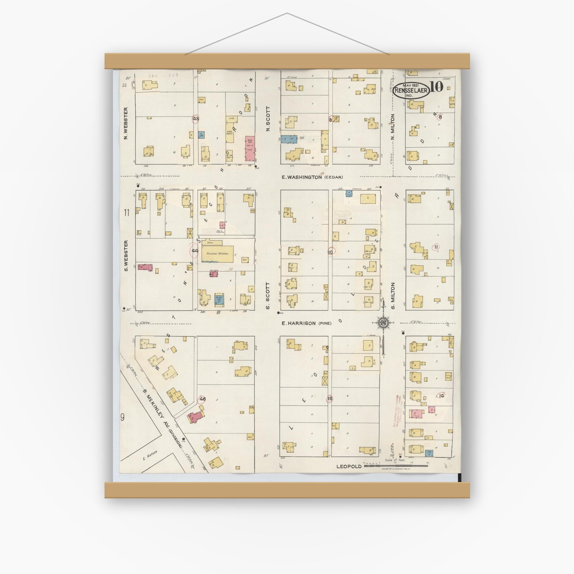 Old map wall art mockup — magnetic wood frame on white wall — Sanborn Fire Insurance Map from Rensselaer, Jasper County, Indiana (1942), Sheet #0010