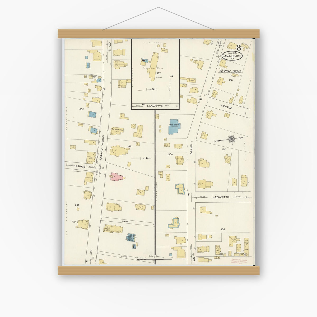 Old map wall art mockup — magnetic wood frame on white wall — Sanborn Fire Insurance Map from Canajoharie, Montgomery County, New York (1915), Sheet #0008