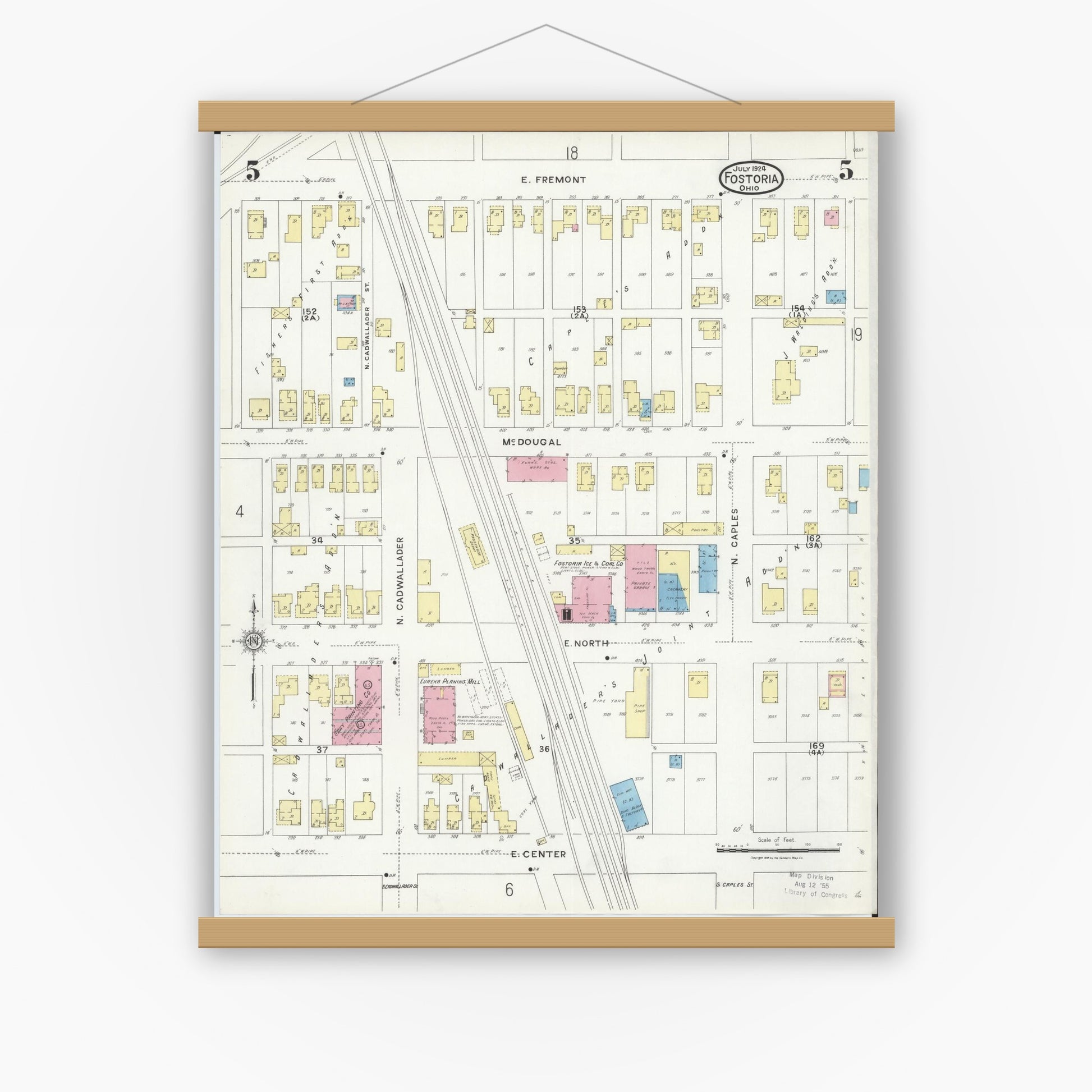Old map wall art mockup — magnetic wood frame on white wall — Sanborn Fire Insurance Map from Fostoria, Seneca, Hancock, And Wood Counties, Ohio (1924), Sheet #0005