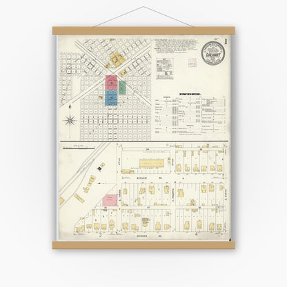 Old map wall art mockup — magnetic wood frame on white wall — Sanborn Fire Insurance Map from Dalhart, Dallam And Hartley County, Texas (1908), Sheet #0001