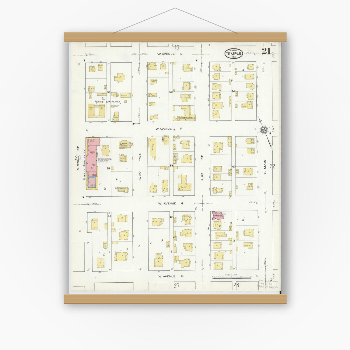 Old map wall art mockup — magnetic wood frame on white wall — Sanborn Fire Insurance Map from Temple, Bell County, Texas (1915), Sheet #0021
