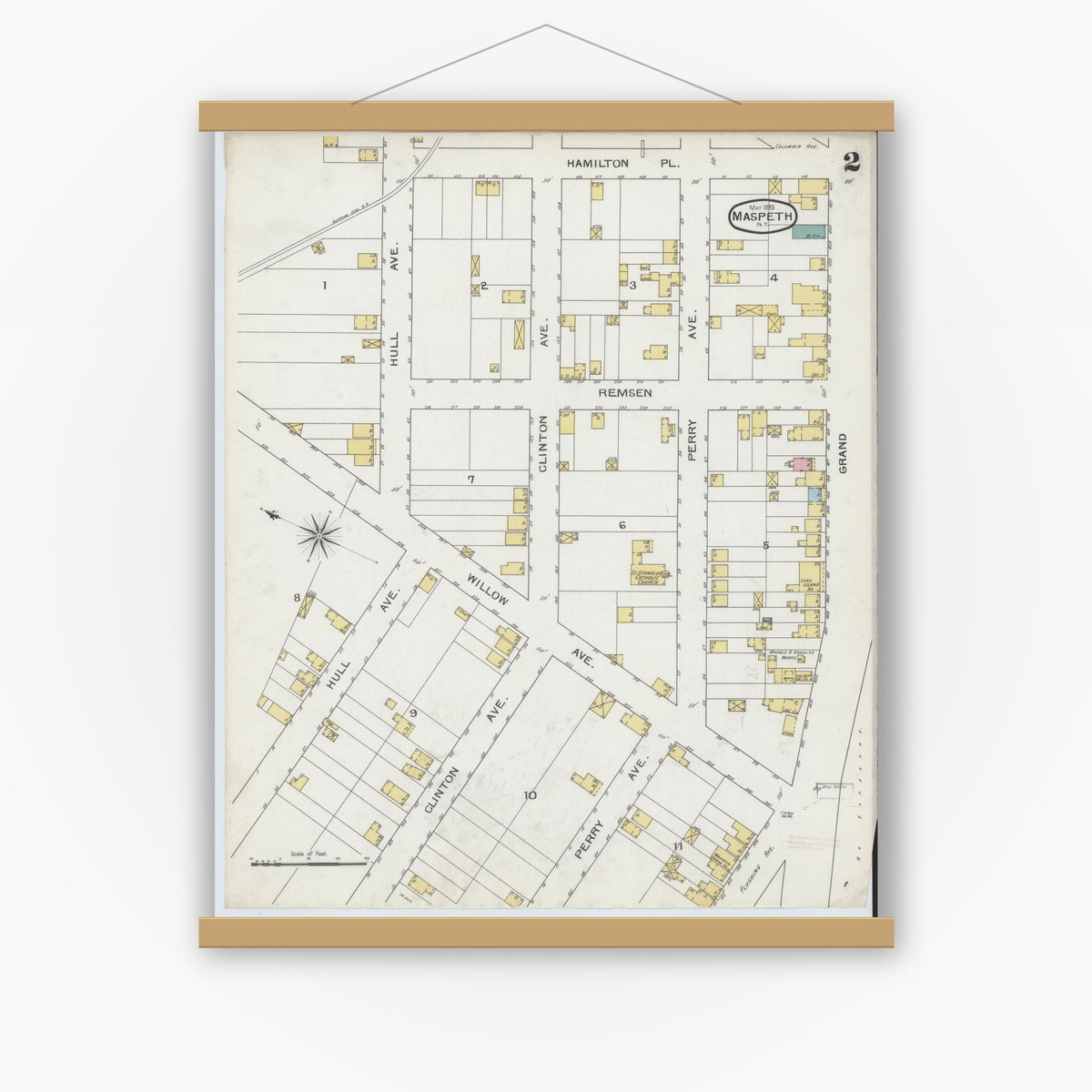 Old map wall art mockup — magnetic wood frame on white wall — Sanborn Fire Insurance Map from Maspeth, Queens County, New York (1893), Sheet #0002