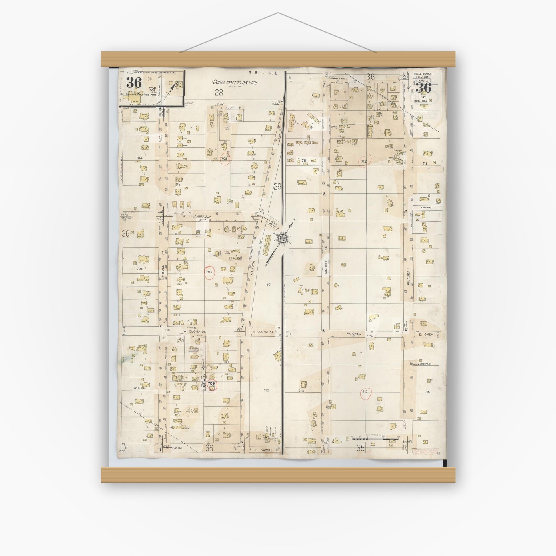 Old map wall art mockup — magnetic wood frame on white wall — Sanborn Fire Insurance Map from Hilo, Hawaii County, Hawaii (1957), Sheet #0036