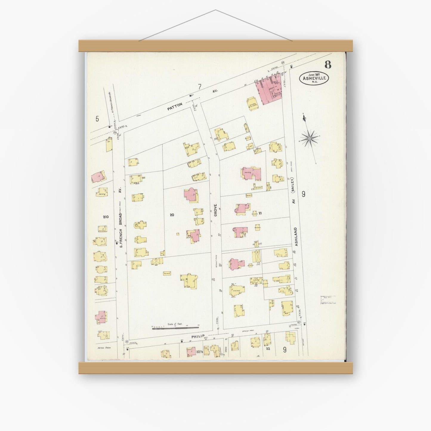 Old map wall art mockup — magnetic wood frame on white wall — Sanborn Fire Insurance Map from Asheville, Buncombe County, North Carolina (1907), Sheet #0008