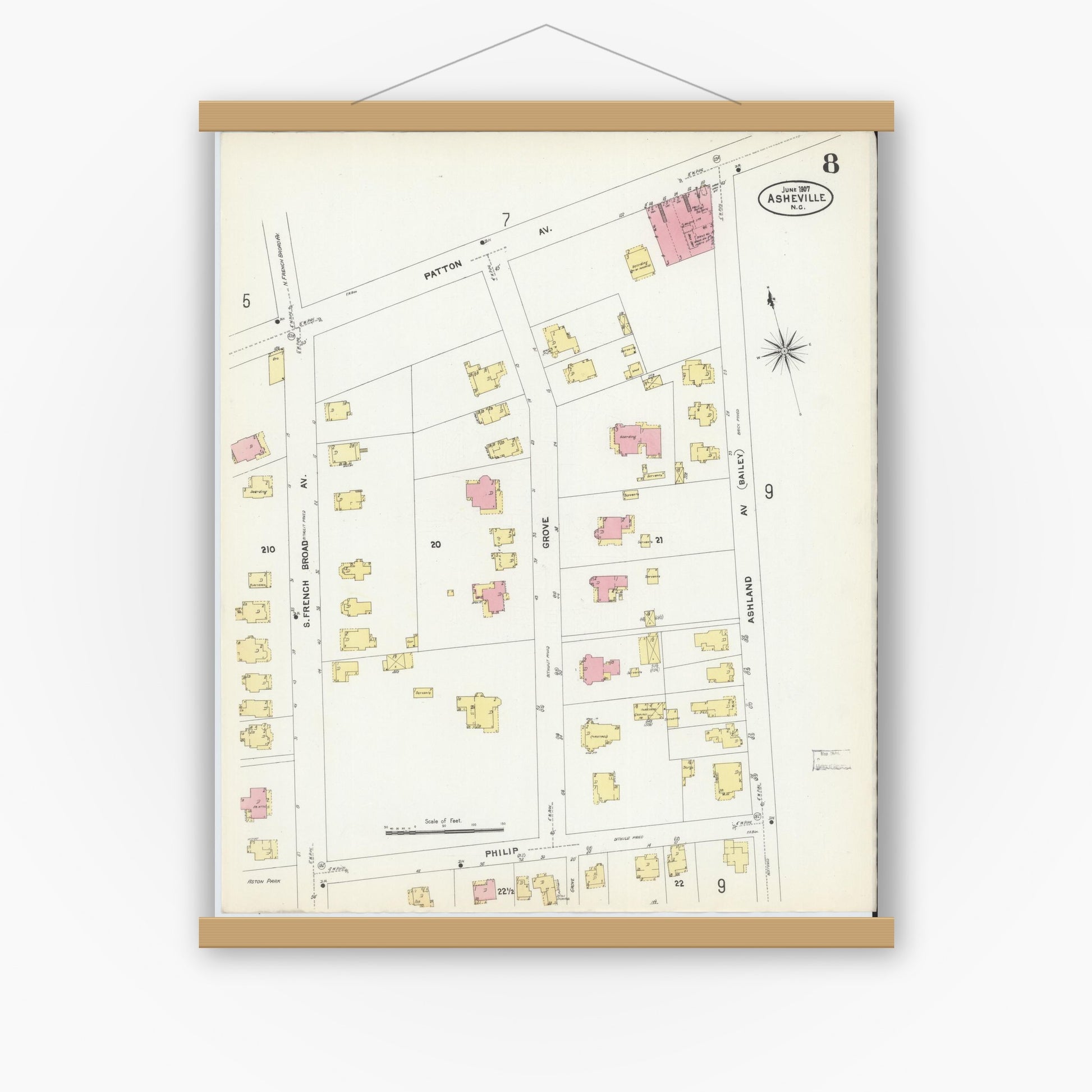 Old map wall art mockup — magnetic wood frame on white wall — Sanborn Fire Insurance Map from Asheville, Buncombe County, North Carolina (1907), Sheet #0008