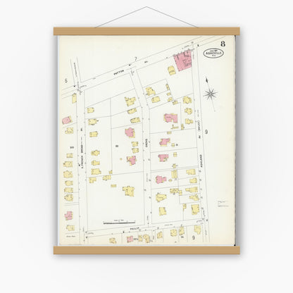 Old map wall art mockup — magnetic wood frame on white wall — Sanborn Fire Insurance Map from Asheville, Buncombe County, North Carolina (1907), Sheet #0008