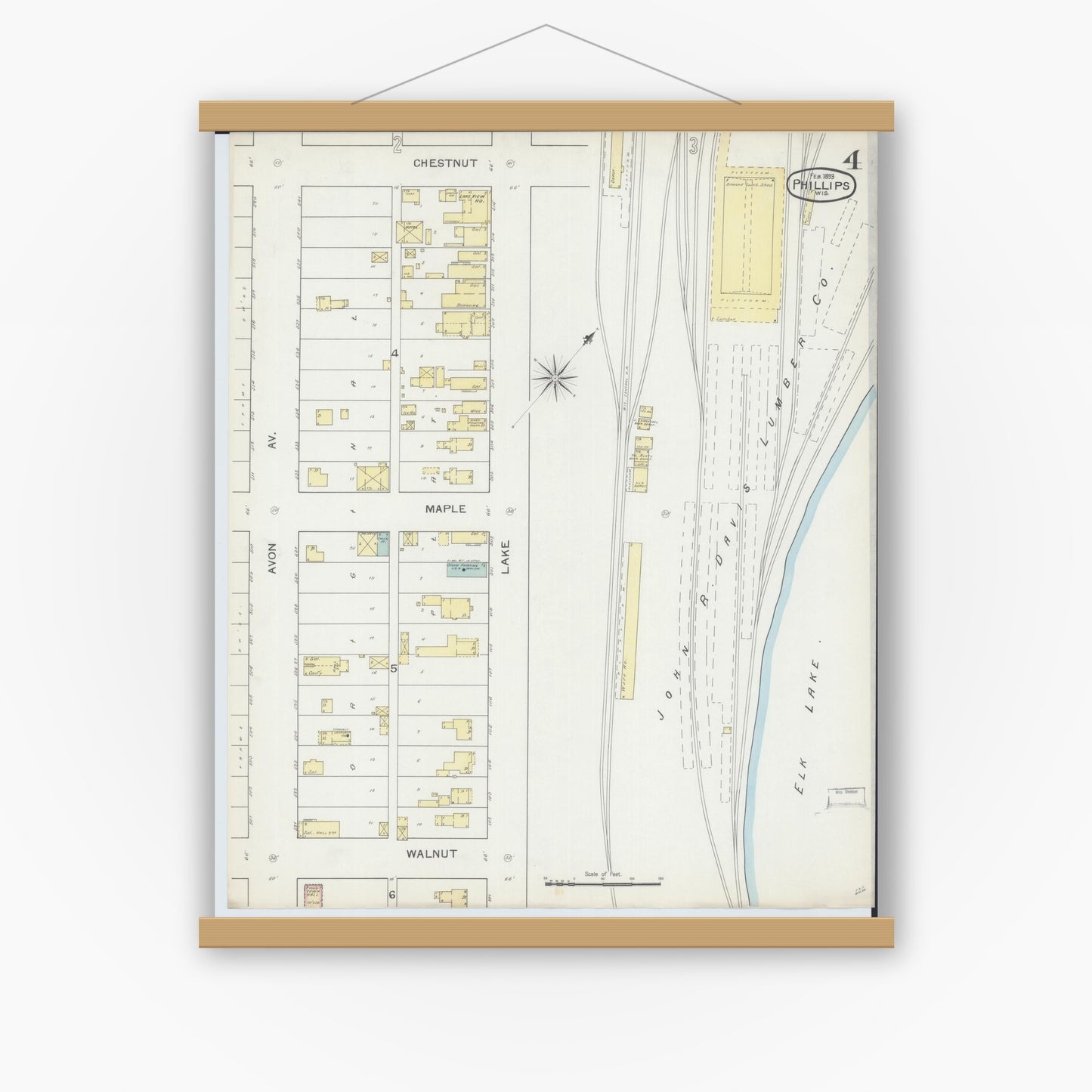 Old map wall art mockup — magnetic wood frame on white wall — Sanborn Fire Insurance Map from Phillips, Price County, Wisconsin (1893), Sheet #0004
