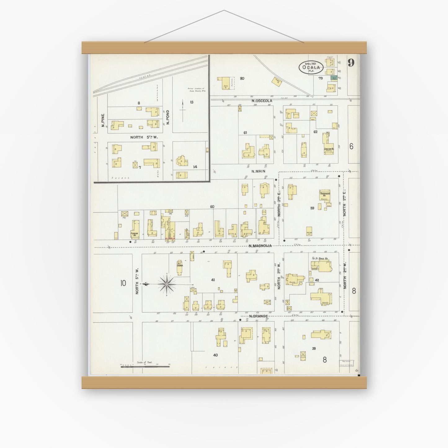 Old map wall art mockup — magnetic wood frame on white wall — Sanborn Fire Insurance Map from Ocala, Marion County, Florida (1901), Sheet #0009