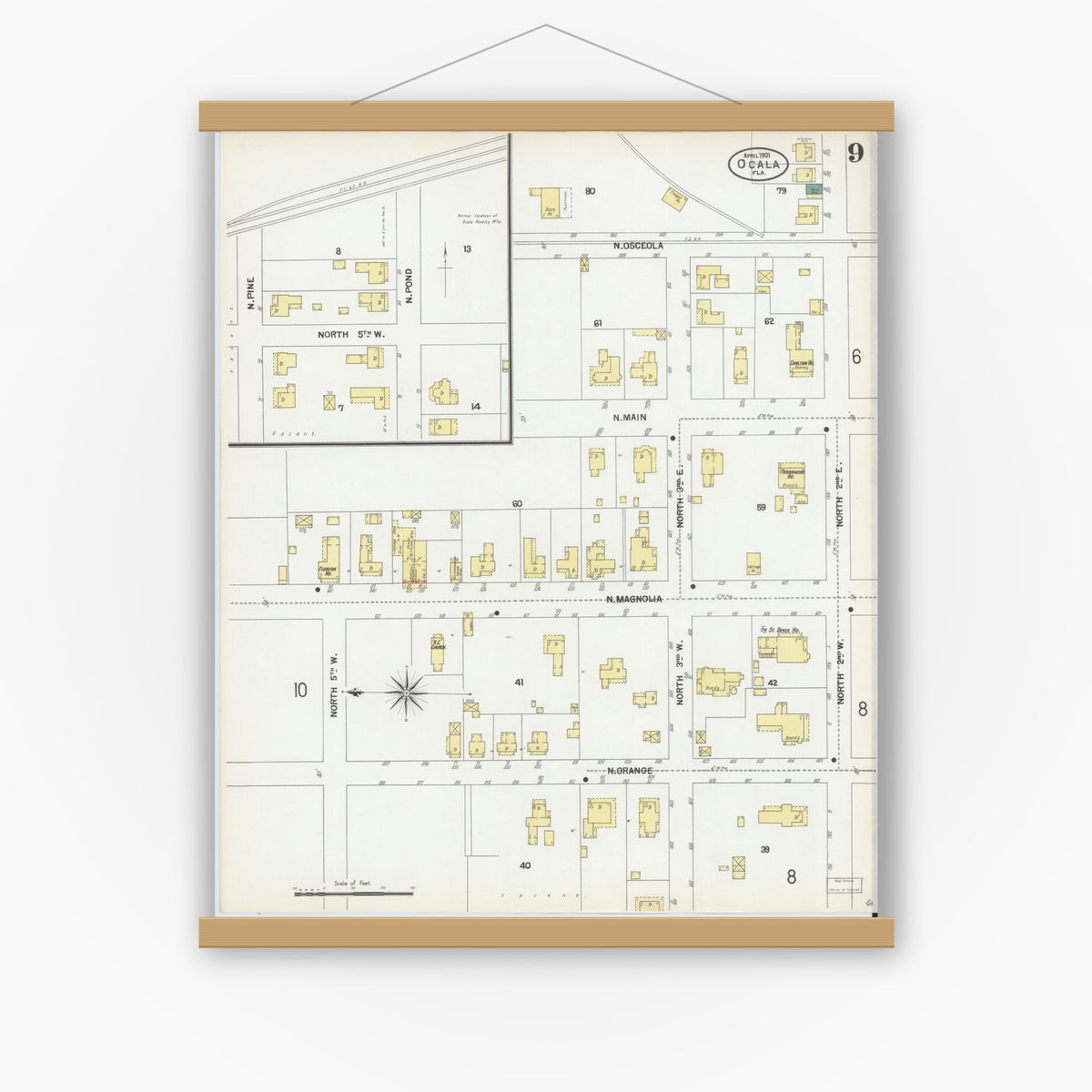 Old map wall art mockup — magnetic wood frame on white wall — Sanborn Fire Insurance Map from Ocala, Marion County, Florida (1901), Sheet #0009
