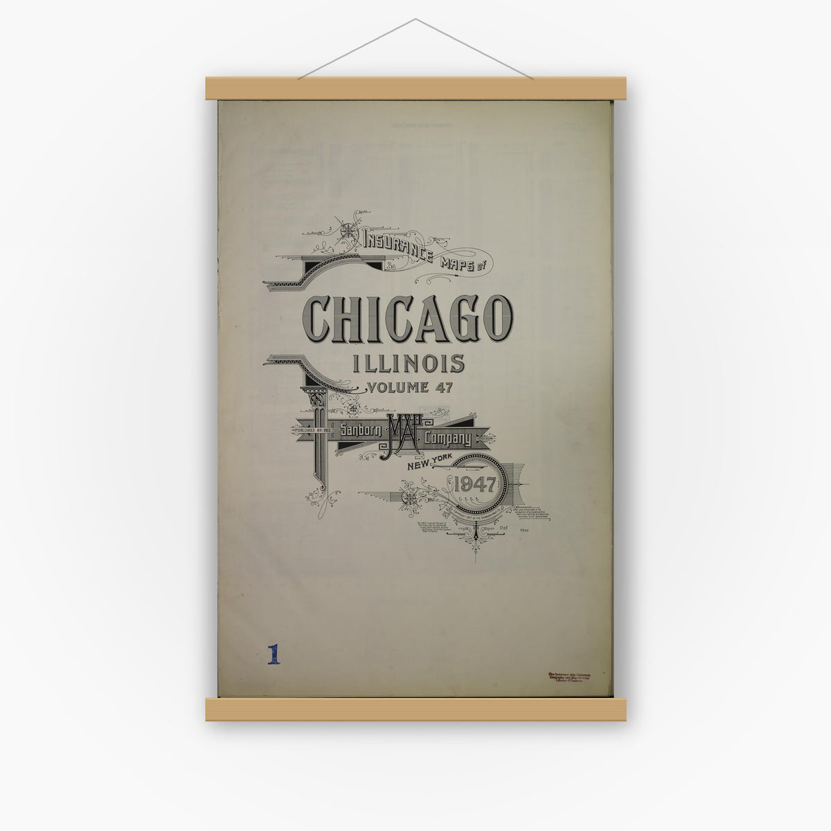 Old map wall art mockup — magnetic wood frame on white wall — Sanborn Fire Insurance Map from Chicago, Cook County, Illinois (1947), Sheet #0001