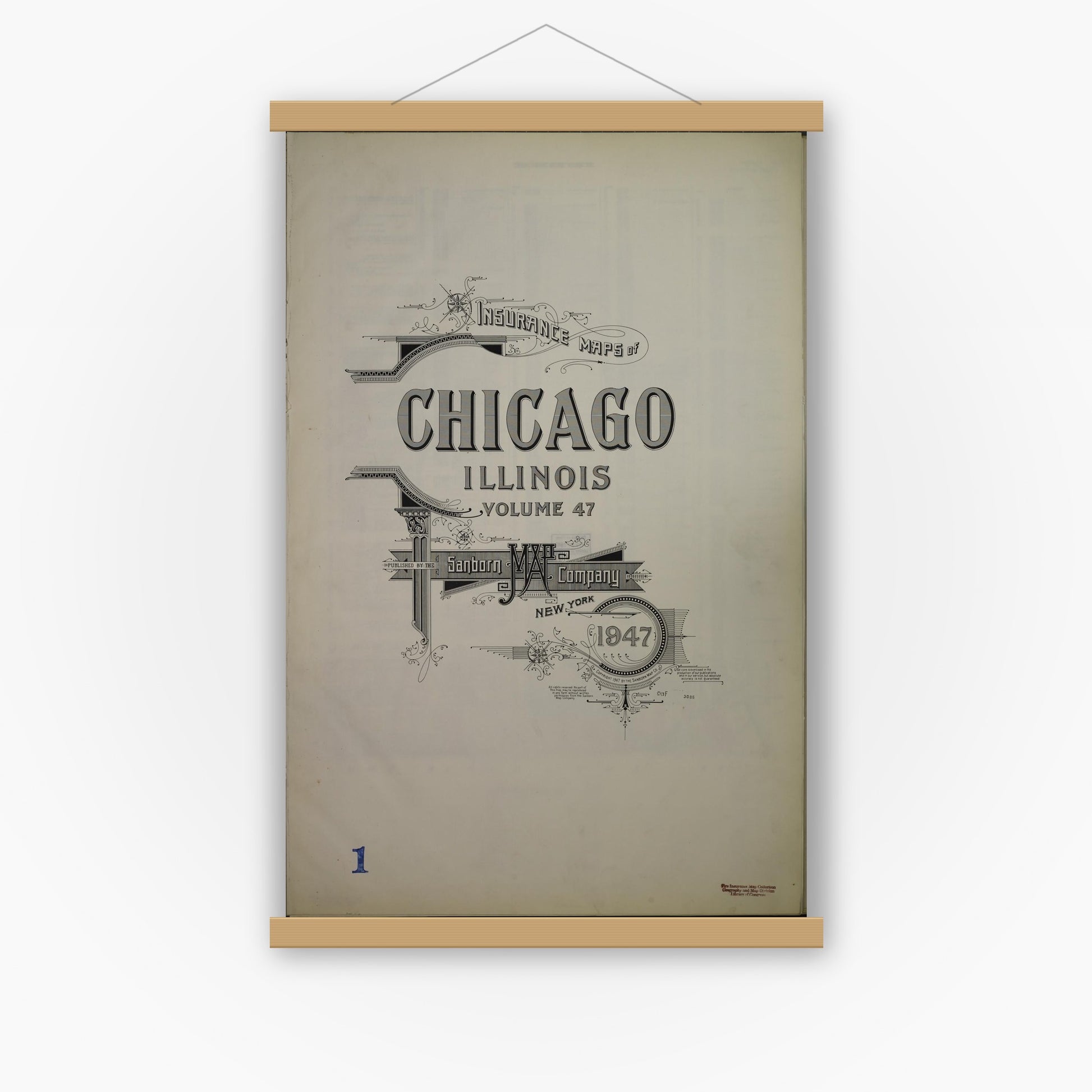 Old map wall art mockup — magnetic wood frame on white wall — Sanborn Fire Insurance Map from Chicago, Cook County, Illinois (1947), Sheet #0001