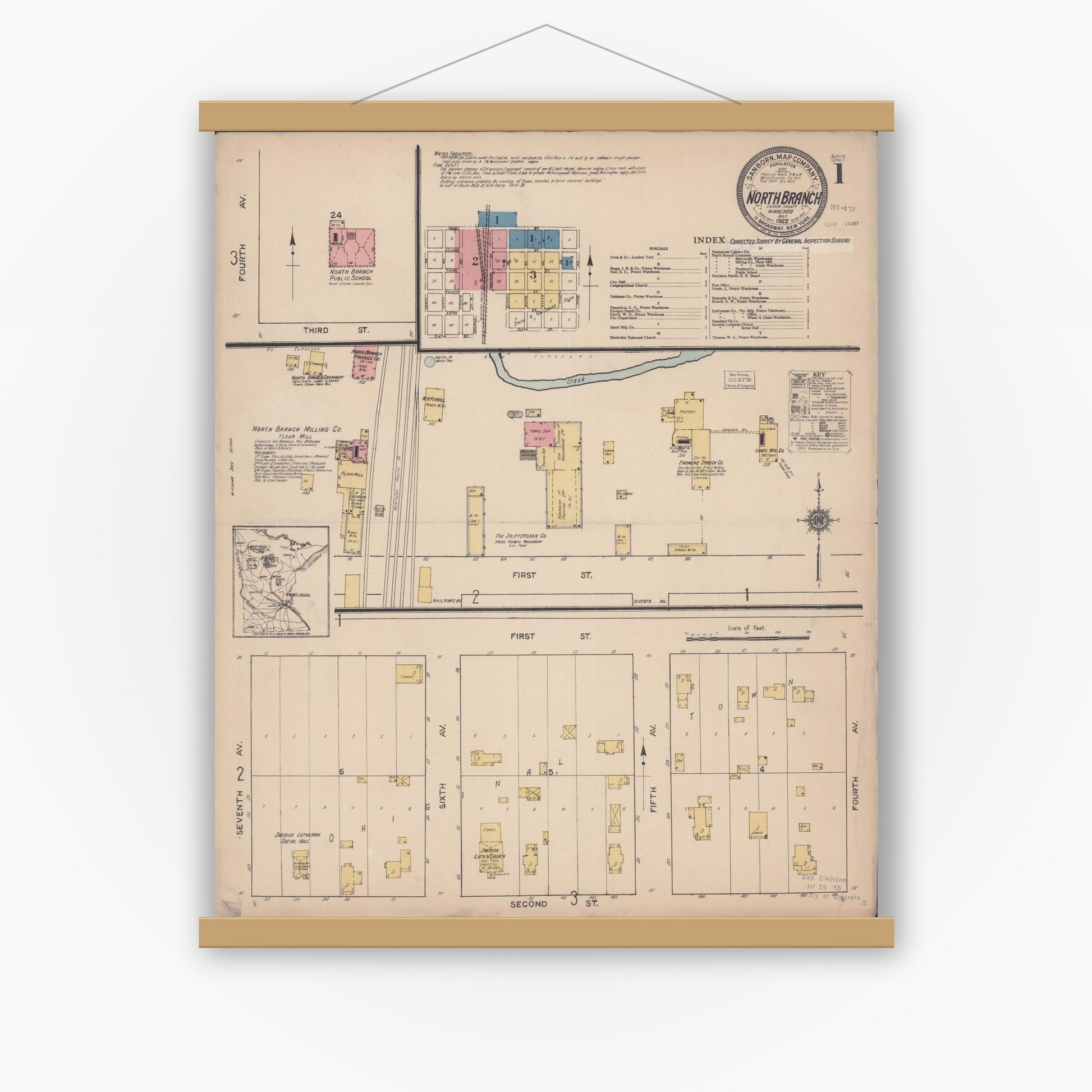 Old map wall art mockup — magnetic wood frame on white wall — Sanborn Fire Insurance Map from North Branch, Chisago County, Minnesota (1922) - Complete Map Set