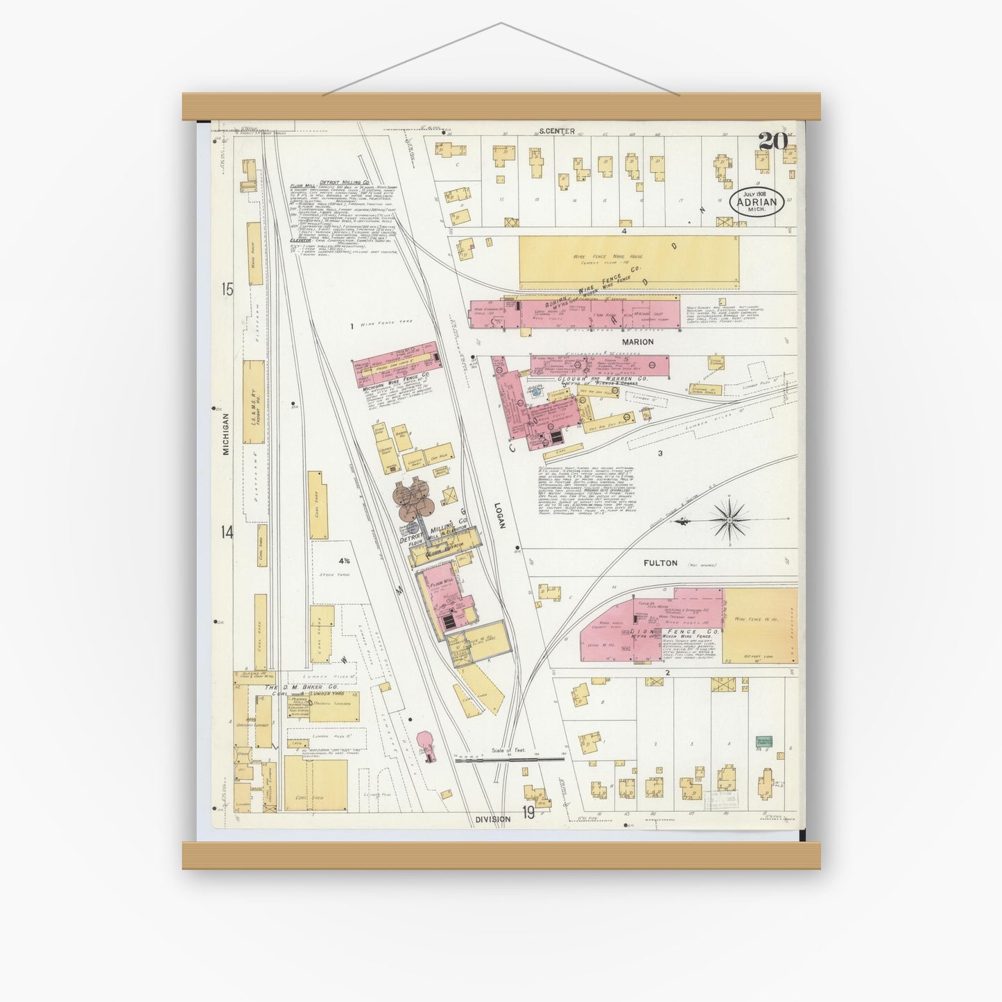 Old map wall art mockup — magnetic wood frame on white wall — Sanborn Fire Insurance Map from Adrian, Lenawee County, Michigan (1908), Sheet #0020