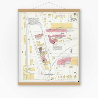 Old map wall art mockup — magnetic wood frame on white wall — Sanborn Fire Insurance Map from Adrian, Lenawee County, Michigan (1908), Sheet #0020