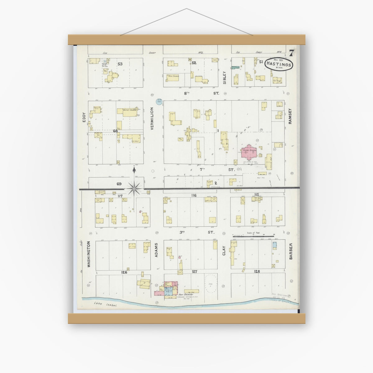 Old map wall art mockup — magnetic wood frame on white wall — Sanborn Fire Insurance Map from Hastings, Dakota County, Minnesota (1891), Sheet #0007