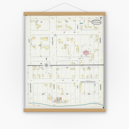 Old map wall art mockup — magnetic wood frame on white wall — Sanborn Fire Insurance Map from Hastings, Dakota County, Minnesota (1891), Sheet #0007