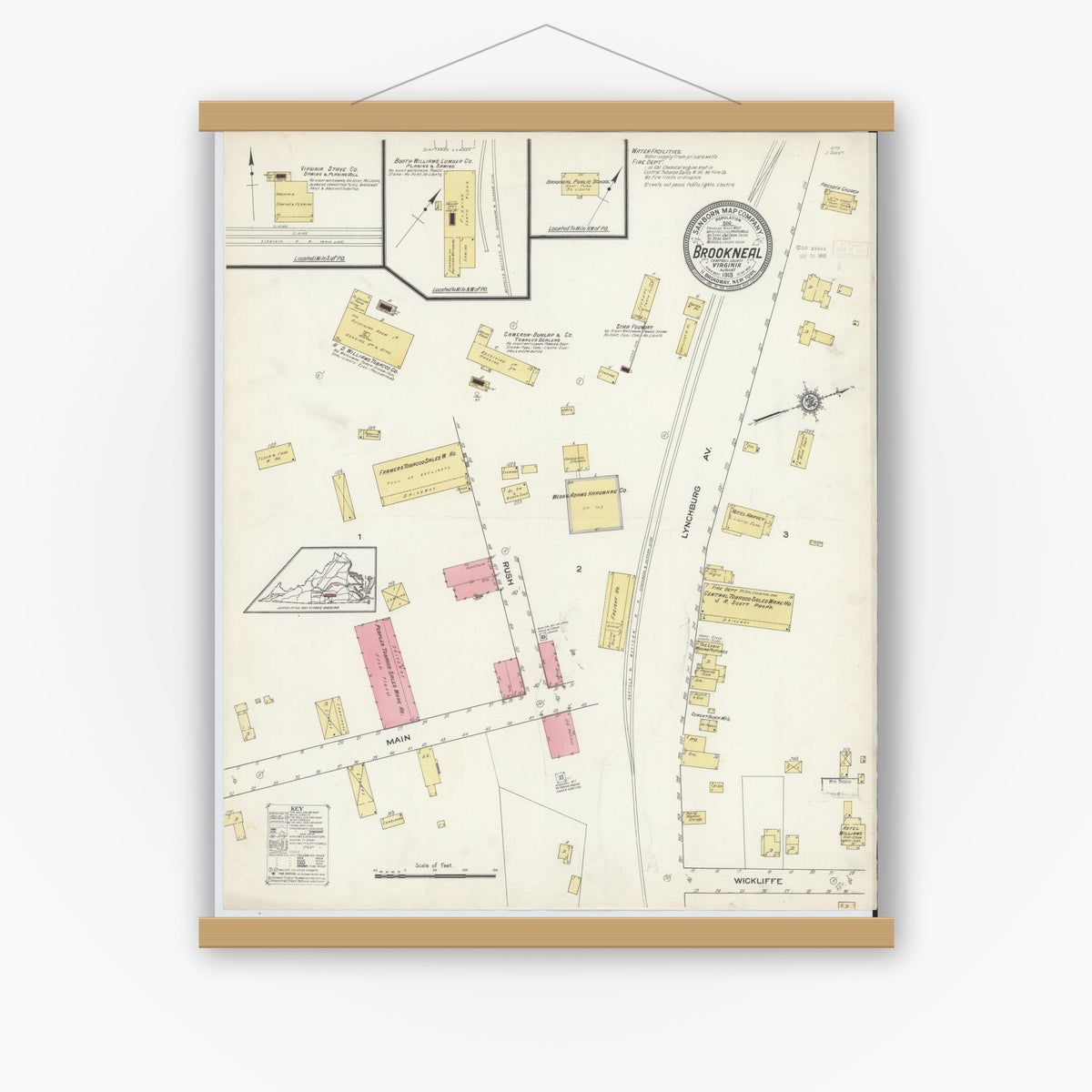 Old map wall art mockup — magnetic wood frame on white wall — Sanborn Fire Insurance Map from Brookneal, Campbell County, Virginia (1913), Sheet #0001