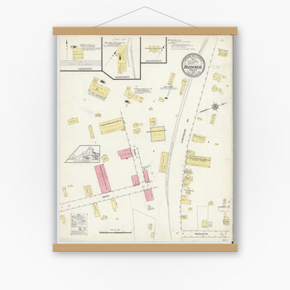 Old map wall art mockup — magnetic wood frame on white wall — Sanborn Fire Insurance Map from Brookneal, Campbell County, Virginia (1913), Sheet #0001