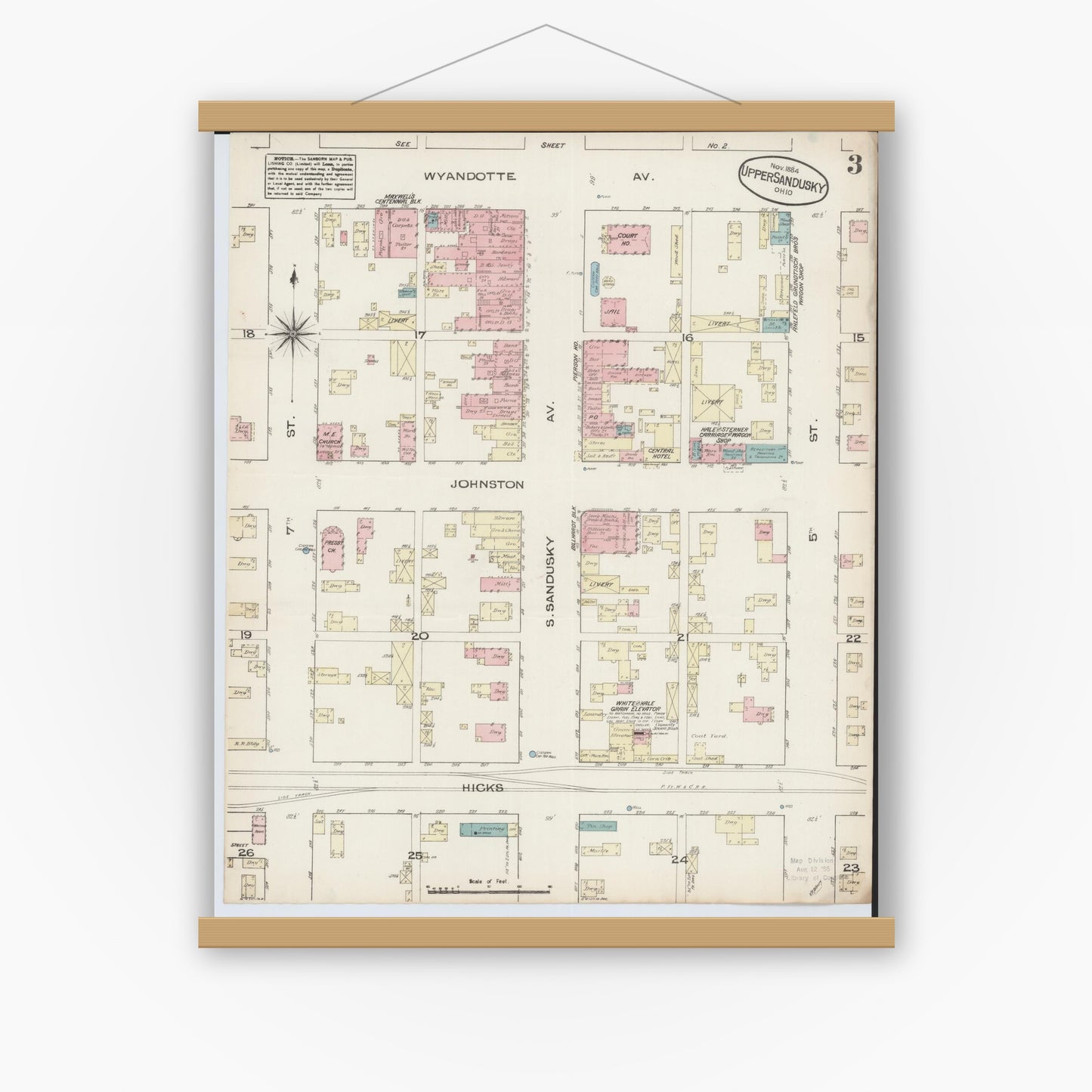 Old map wall art mockup — magnetic wood frame on white wall — Sanborn Fire Insurance Map from Upper Sandusky, Wyandot County, Ohio (1884), Sheet #0003