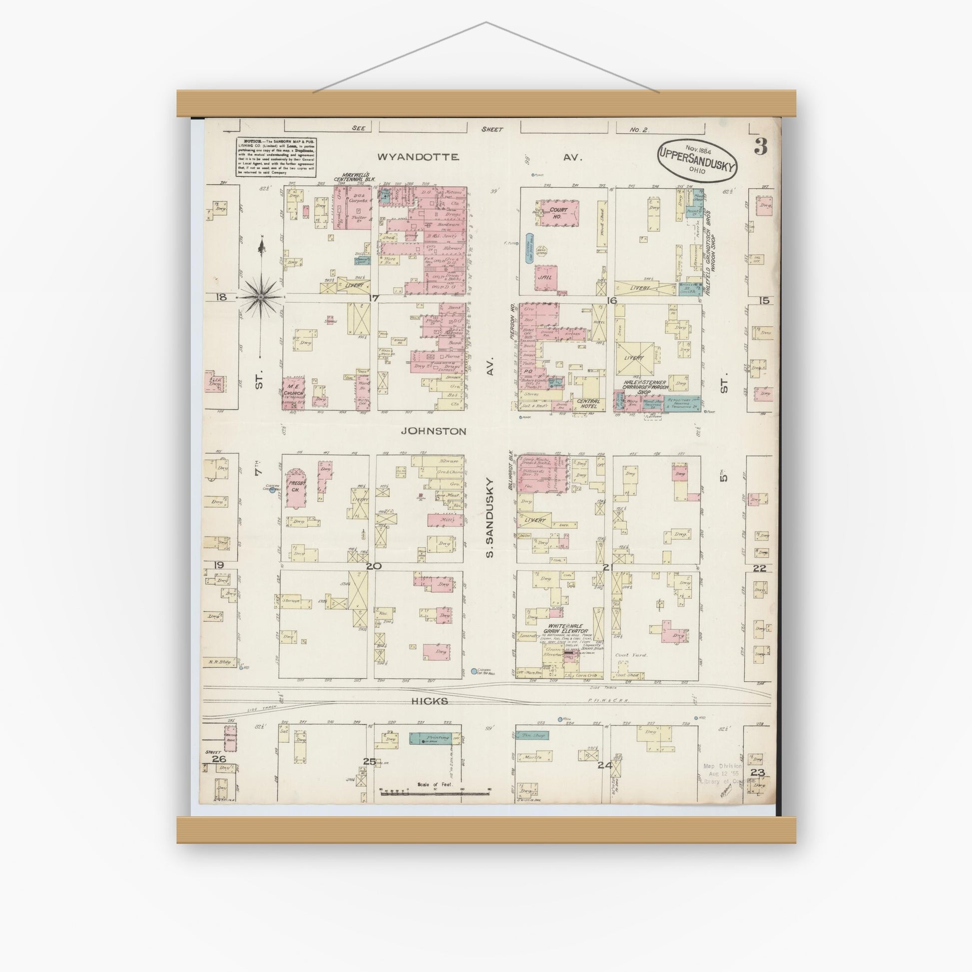 Old map wall art mockup — magnetic wood frame on white wall — Sanborn Fire Insurance Map from Upper Sandusky, Wyandot County, Ohio (1884), Sheet #0003