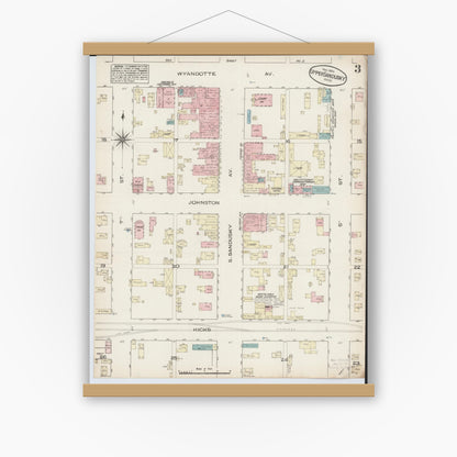 Old map wall art mockup — magnetic wood frame on white wall — Sanborn Fire Insurance Map from Upper Sandusky, Wyandot County, Ohio (1884), Sheet #0003