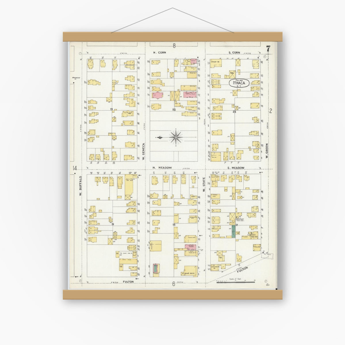 Old map wall art mockup — magnetic wood frame on white wall — Sanborn Fire Insurance Map from Ithaca, Tompkins County, New York (1904), Sheet #0007