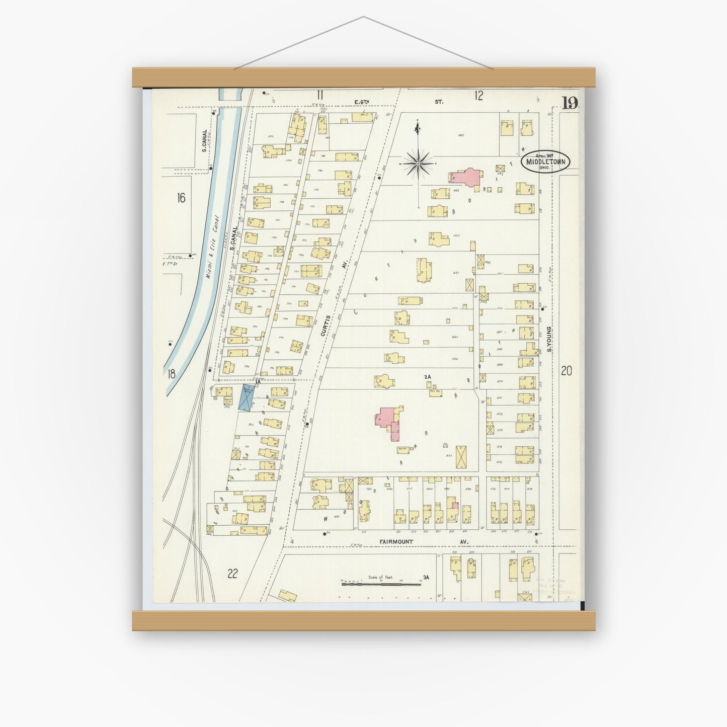 Old map wall art mockup — magnetic wood frame on white wall — Sanborn Fire Insurance Map from Middletown, Butler County, Ohio (1907), Sheet #0019