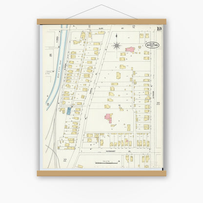 Old map wall art mockup — magnetic wood frame on white wall — Sanborn Fire Insurance Map from Middletown, Butler County, Ohio (1907), Sheet #0019