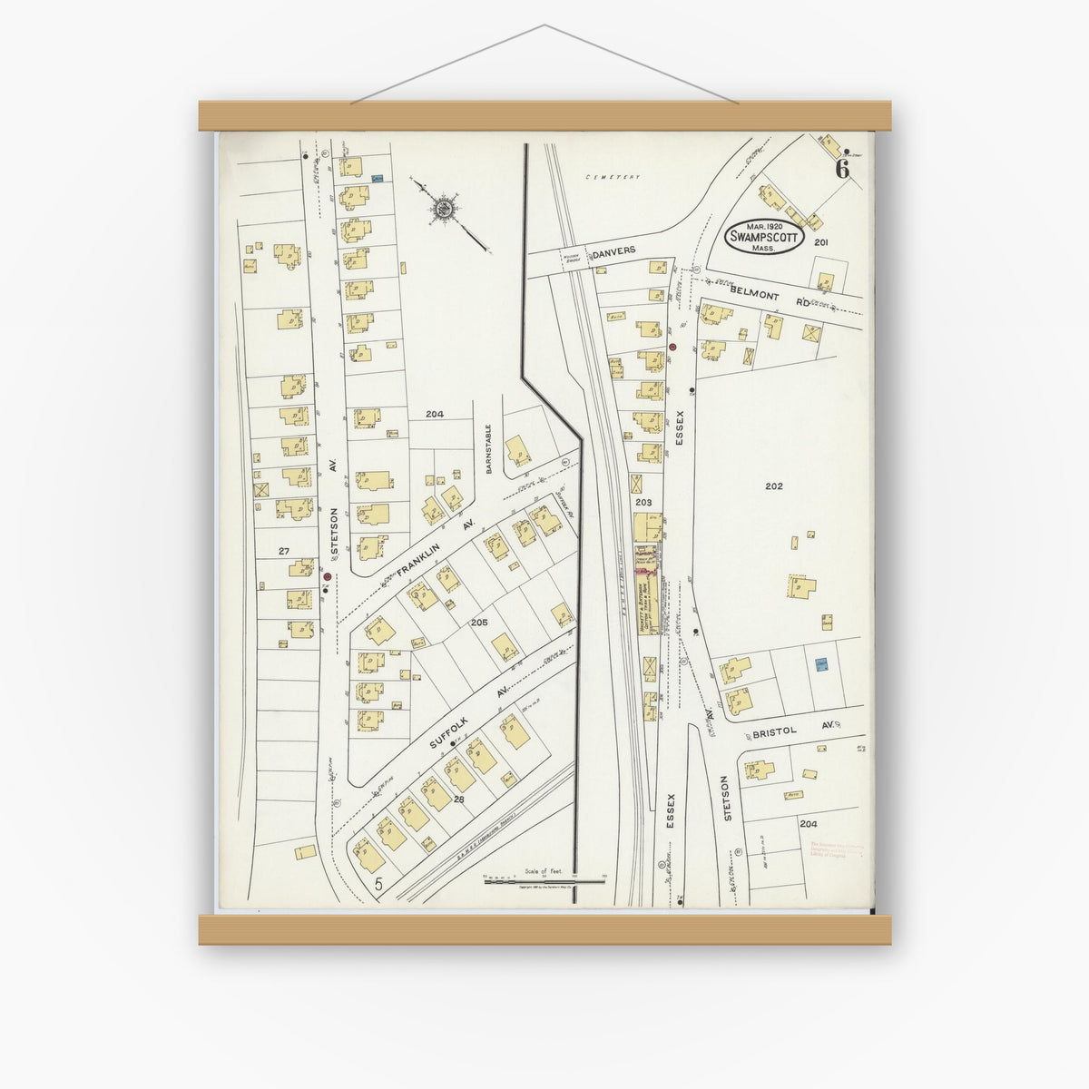 Old map wall art mockup — magnetic wood frame on white wall — Sanborn Fire Insurance Map from Swampscott, Essex County, Massachusetts (1920), Sheet #0006