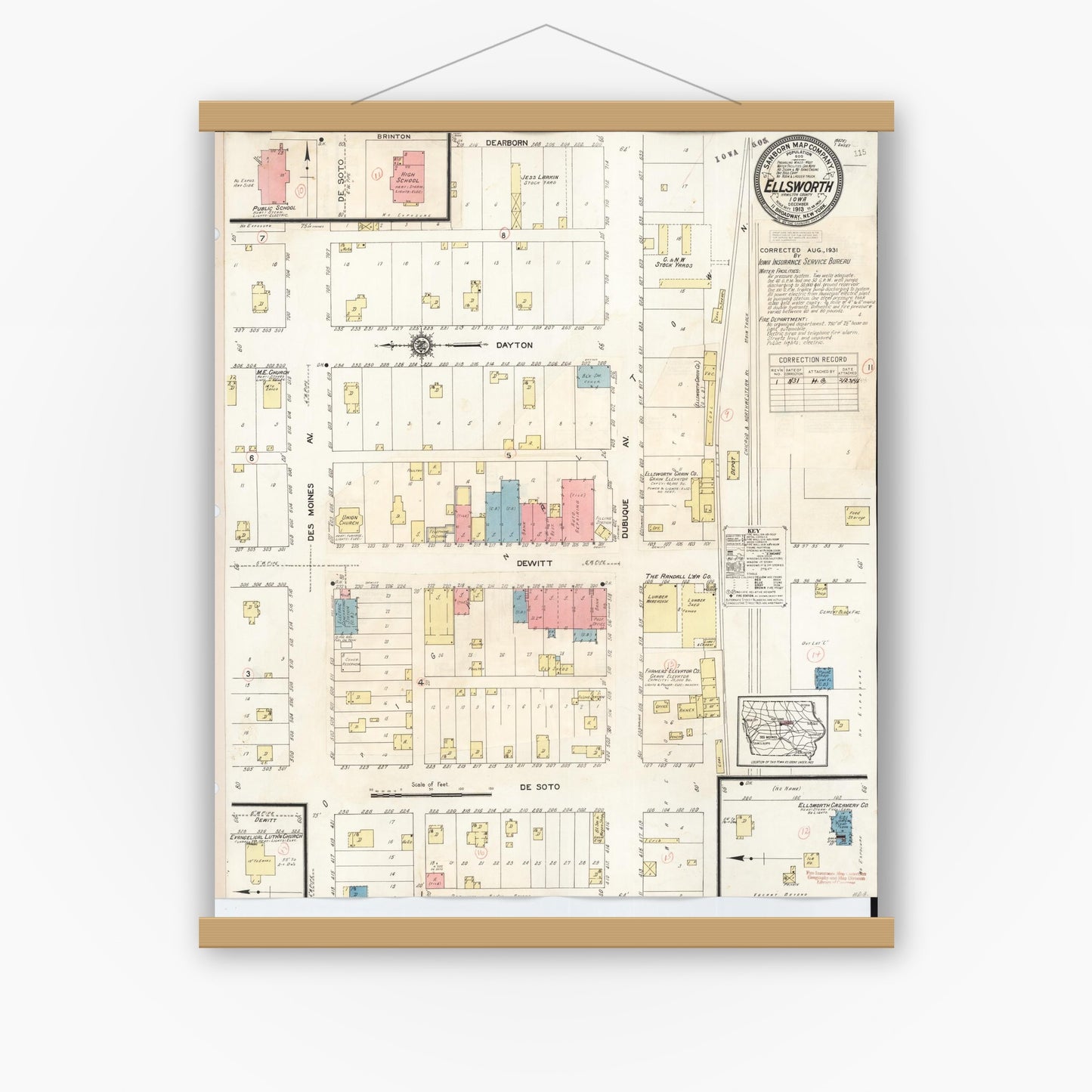 Old map wall art mockup — magnetic wood frame on white wall — Sanborn Fire Insurance Map from Ellsworth, Hamilton County, Iowa (1931), Sheet #0001