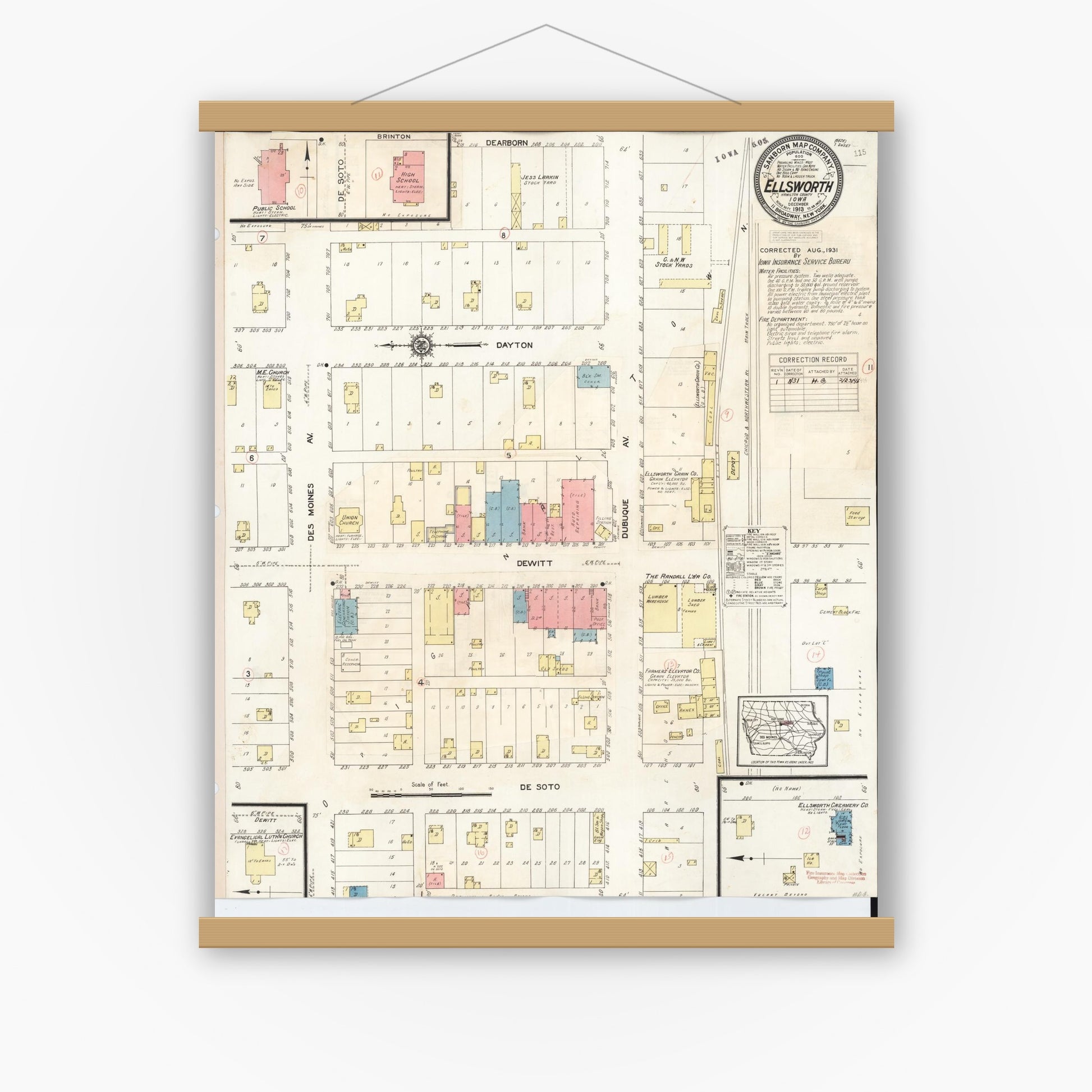 Old map wall art mockup — magnetic wood frame on white wall — Sanborn Fire Insurance Map from Ellsworth, Hamilton County, Iowa (1931), Sheet #0001