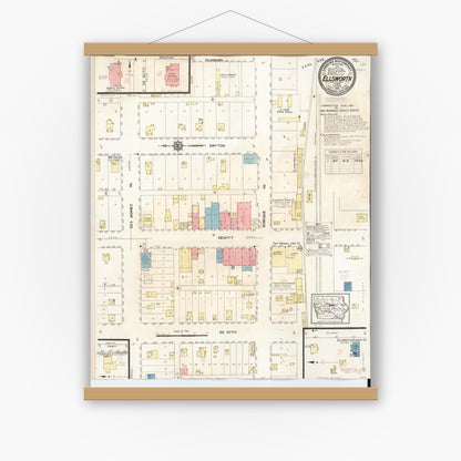 Old map wall art mockup — magnetic wood frame on white wall — Sanborn Fire Insurance Map from Ellsworth, Hamilton County, Iowa (1931), Sheet #0001