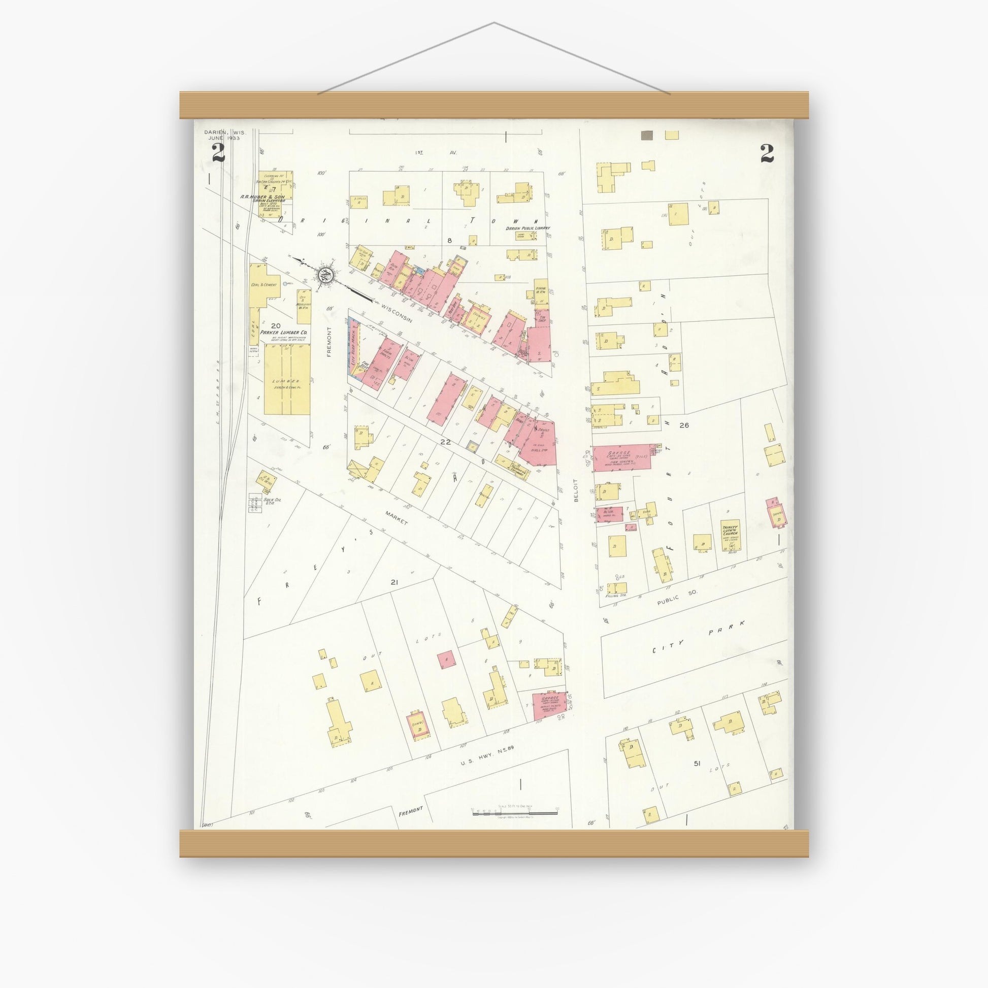 Old map wall art mockup — magnetic wood frame on white wall — Sanborn Fire Insurance Map from Darien, Walworth County, Wisconsin (1933), Sheet #0002