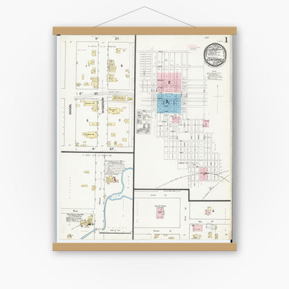 Old map wall art mockup — magnetic wood frame on white wall — Sanborn Fire Insurance Map from Centerville, Appanoose County, Iowa (1888), Sheet #0001