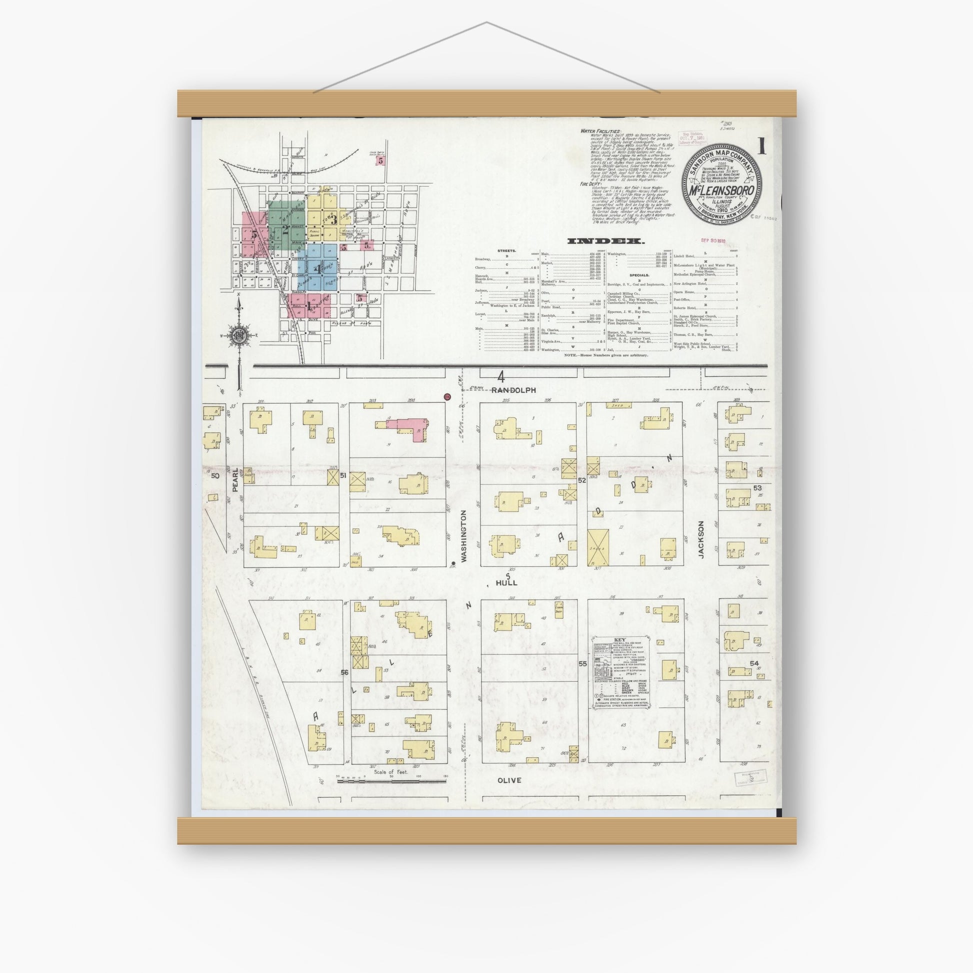 Old map wall art mockup — magnetic wood frame on white wall — Sanborn Fire Insurance Map from Mcleansboro, Hamilton County, Illinois (1910), Sheet #0001