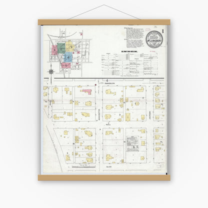 Old map wall art mockup — magnetic wood frame on white wall — Sanborn Fire Insurance Map from Mcleansboro, Hamilton County, Illinois (1910), Sheet #0001