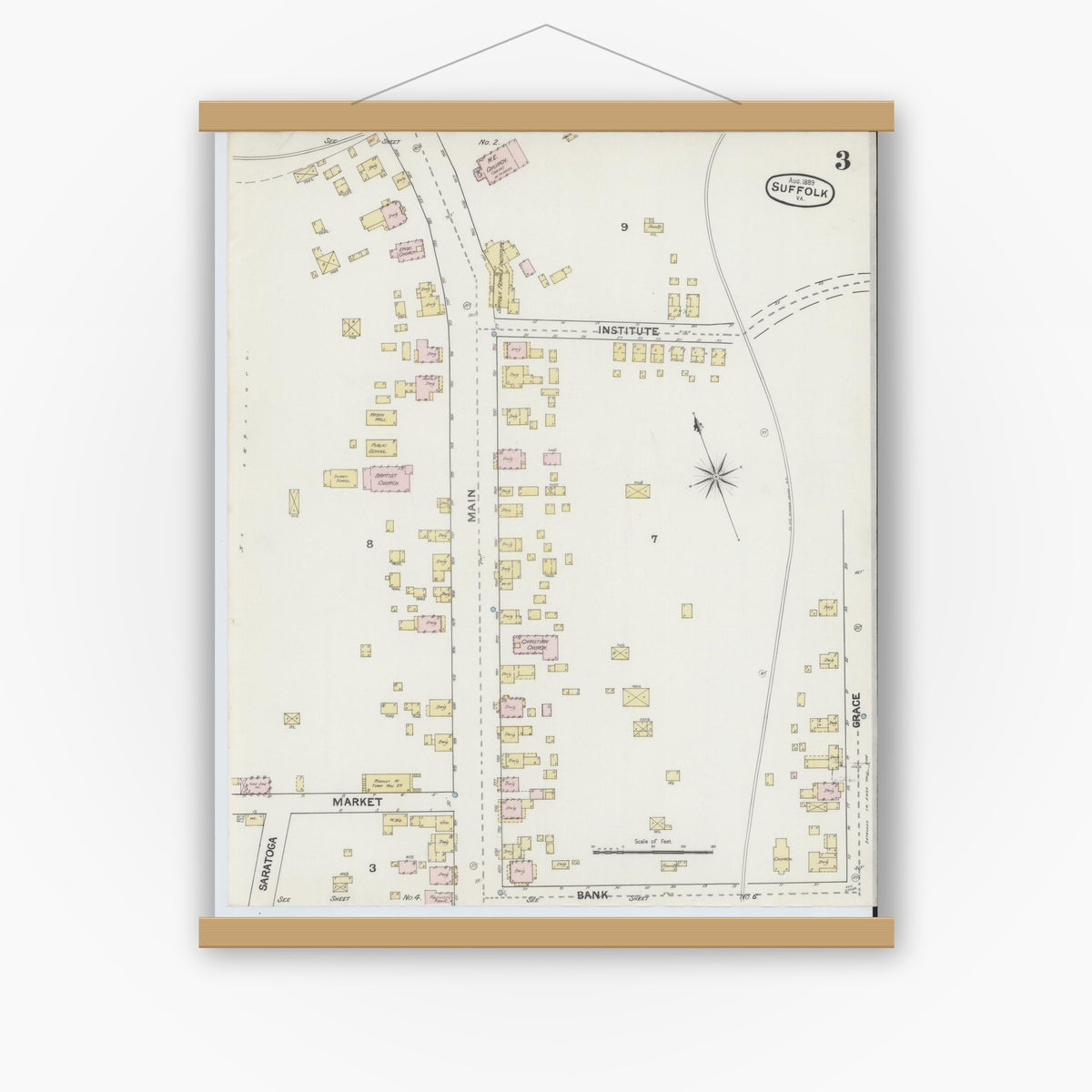 Old map wall art mockup — magnetic wood frame on white wall — Sanborn Fire Insurance Map from Suffolk, Independent Cities, Virginia (1889), Sheet #0003